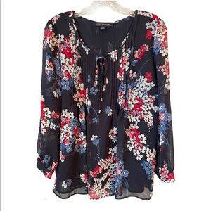 Tommy Hilfiger Tie Neck Navy Floral Peasant Top